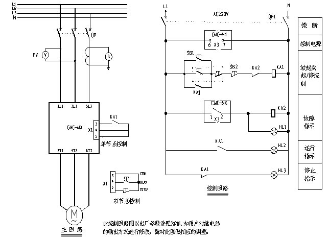 CMC-MX内置旁路软起动器基本接线原理图、三角形内接连接图和典型应用接线图(图3)